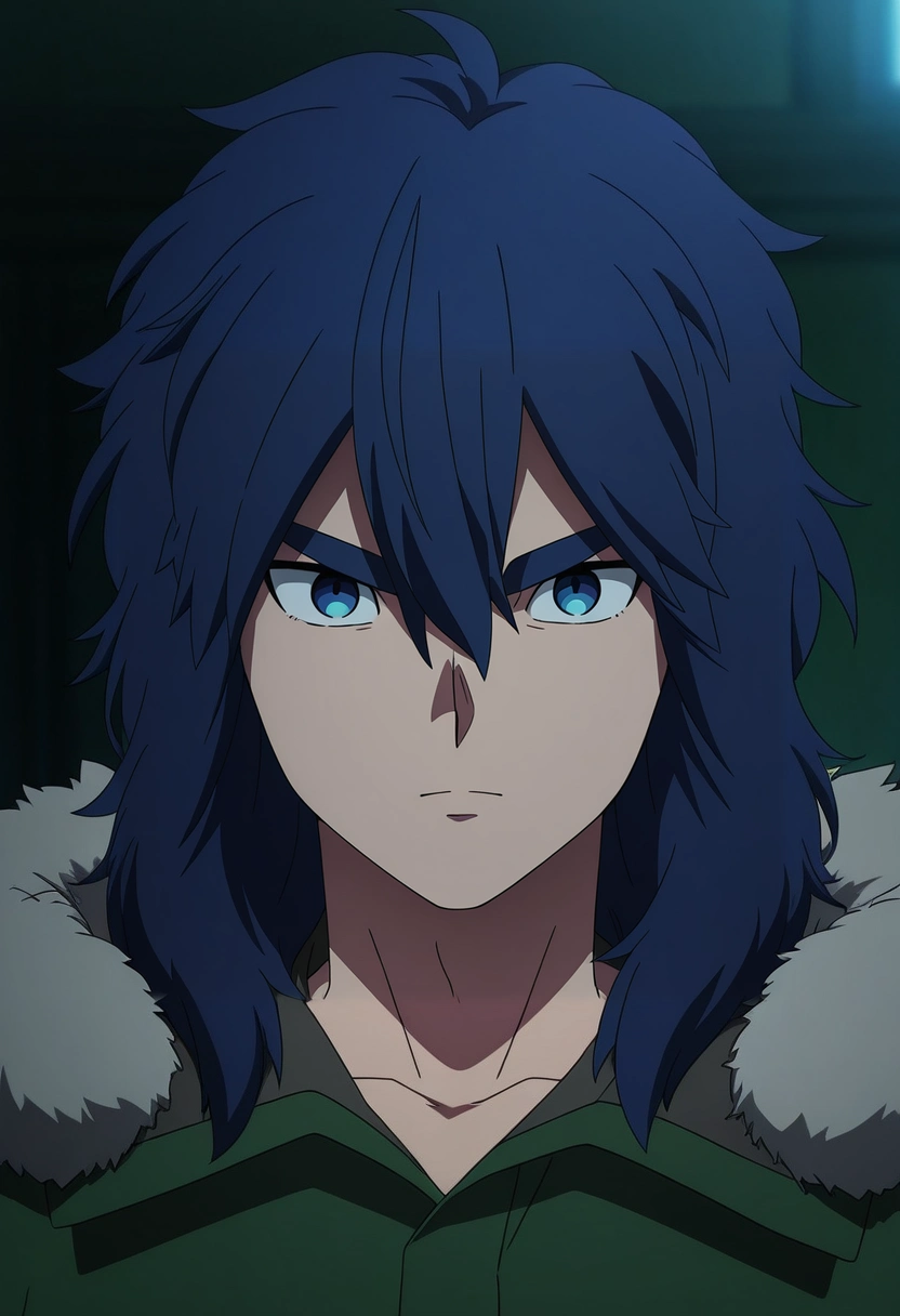 masterpiece, best quality, , anime screencap, anime coloring, official style, looking at viewer, 1boy, solo, male focus, <lora:yui_kemono_jihen_ilxl:0.9>, yui_kemono_jihen, blue hair, blue eyes, long hair, hair between eyes, bangs, thick eyebrows, green coat, fur trim,