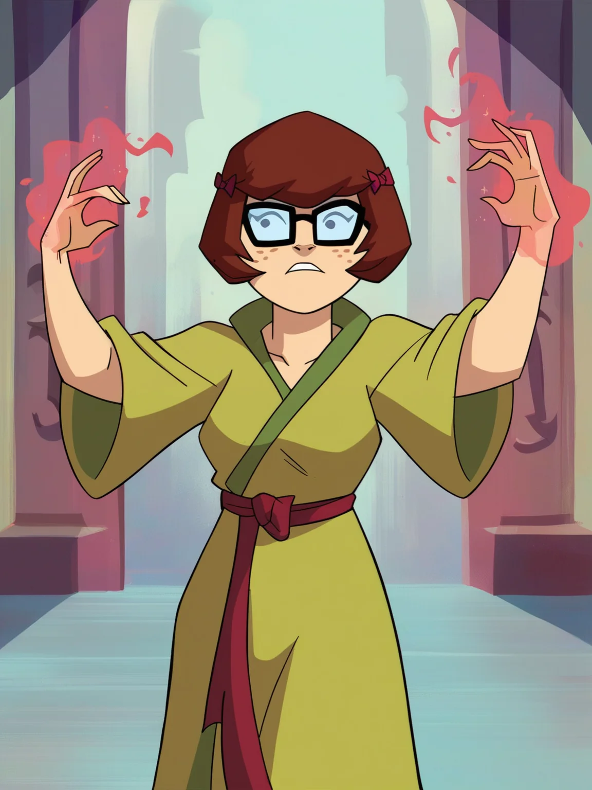 <lora:Velma:0.7> ve_ma, 1girl, bob hair, auburn hair, small red bows on hair, black eyes, thick-framed square glasses, freckles,
mage, magic, epic pose, magic robe, score_9, score_8_up, score_7_up,