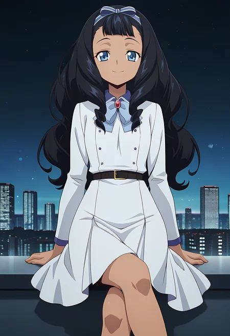 masterpiece,best quality,amazing quality,
1girl, solo,
Halona Walker (Cardfight Vanguard), dark-skinned female, black hair, long hair, wavy hair, blue eyes, hair bow, hairband, white dress, ribbon, long sleeves, belt,
Smile, looking at viewer,
cinematic, cross legs,
Outdoors, On top skyscraper, sci-fi city, star (sky),
Lens flare, bloom,
Official style, anime screencap, anime coloring,