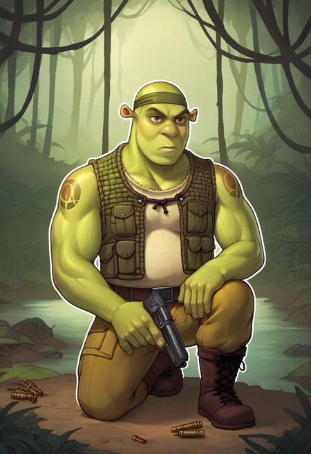 score_9, score_7_up BREAK male focus,mature male,shrek, green skin,outdoors,plump,swamp,jungle,sleeveless,bare arms,muscular arms,headband,serious,tattoos,bald,camo print,ammunition belt,handgun,outline,one knee,military,pants,boots,vest <lora:riz_pd_glora:1> <lora:Shrek_XLPD:0.8>