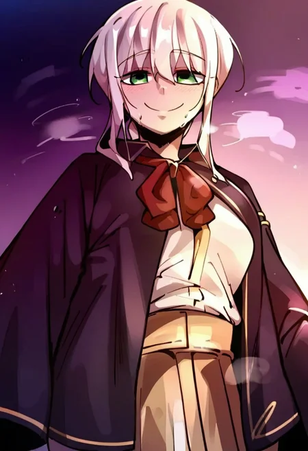 score_9, score_8_up, score_7_up, score_6_up, source_anime, rating_explicit, 1girl, solo, medium breasts, cleavage, smile, Narrow shoulders, heavy breathing, steaming body, looking at viewer, standing, curvy, EvangelineCross, green eyes, white hair, long hair, school uniform, doppel style