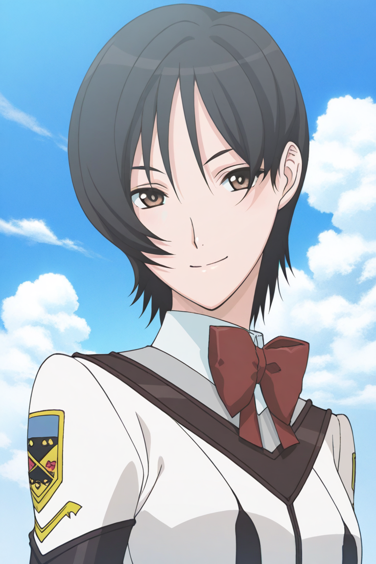 masterpiece, best quality, source_anime,official art,perfect_anatomy,1girl,1girl,Motoko_Hara,black_hair,short_hair,school_uniform,(detailed face,looking_at_viewer,smile),upper_body,day,blue_sky,cloud