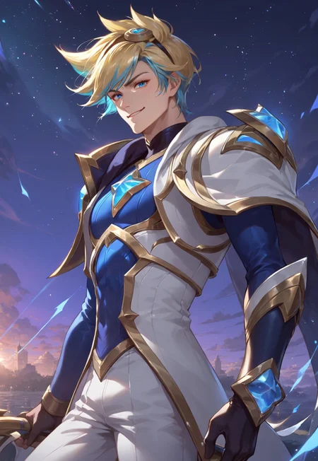 safe_pos, Score_9, Score_8_up, Score_7_up, best quality, shading, shading detailed, countershading, Expressiveh, dynamic scene, starry night, streaked sky, anime,
Star Guardian Ezreal, (((solo))), 1boy, male focus, handsome face, blonde hair, blue eyes, multicolored hair, blonde hair, blue hair, pale skin, detailed skin, skin shading, white jacket, white pants, gloves, star guardian (league of legends), gauntlet weapon, smirking at viewer, standing