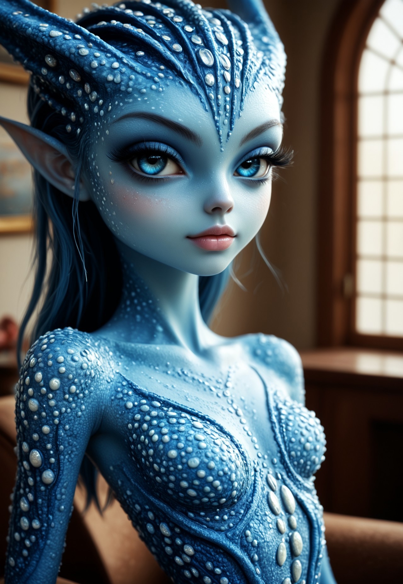 (((score_9, score_8_up, score_7_up))), ((( highly detailed, masterpiece, perfect, detailed, hd, petite, young, short)))
,
(( Meramb, colored skin, blue skin, blue eyes, eylashes, monster girl, thin))
,
((( 1girl, solo, narrow waist, )))
,
((( posing, head tilt, curveous body)))
,
((( ))) 
,
((( Best view)))
,
(( Indoors ))
,
((( )))
,
()
