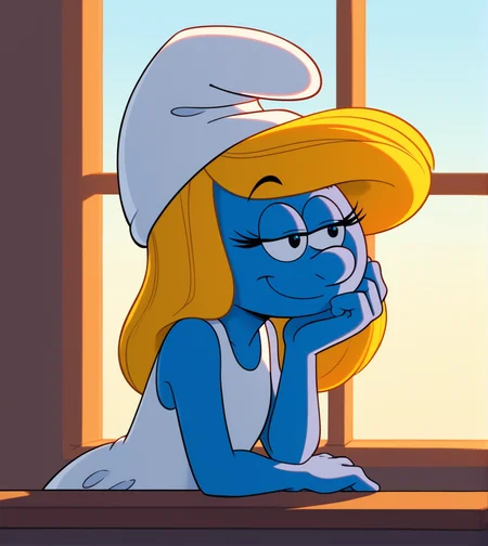 score_9,score_8_up, score_7_up,
1girl, solo, Smurfette, blue skin, blonde hair, white dress, white hat, in window, eyes half closed, resting head on hands, cartoon, source_cartoon, <lora:Smurf_Character_Pack:1>