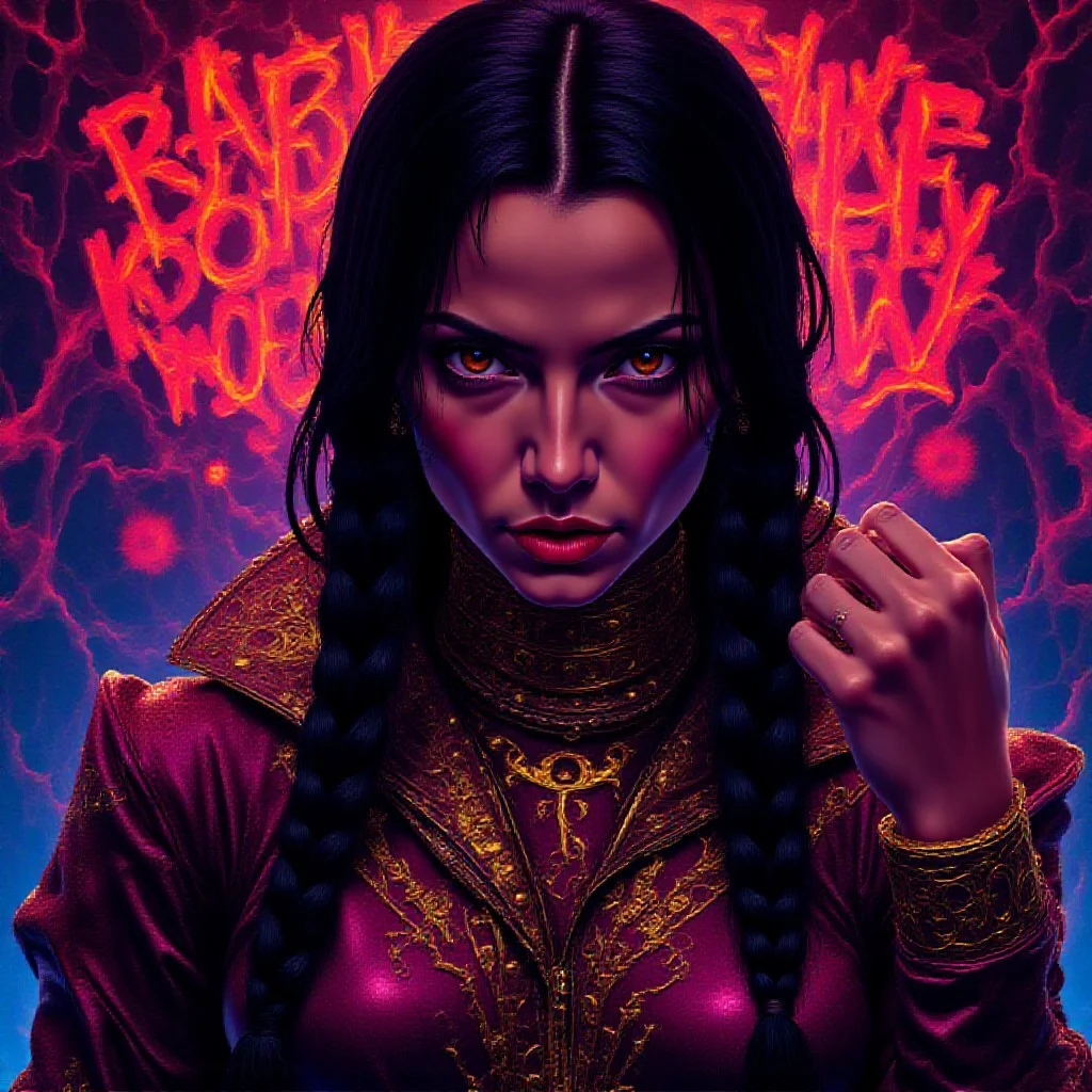 a propaganda poster features a vibrant portrait of a female anarchist, her long dark hair intricately braided, cascading over her shoulders. She wears futuristic attire that blends cyberpunk elements with a Byzantine aesthetic, including a high-collared, metallic jacket adorned with intricate gold patterns and glowing neon accents. Her expression is one of defiance and determination as she raises a clenched fist in a symbol of resistance. The background is a kaleidoscope of neon lights and digital graffiti, merging the old-world artistry with a dystopian future, creating a powerful, celebratory image of rebellion and hope. She looks directly towards the camera. surreal magic realism style