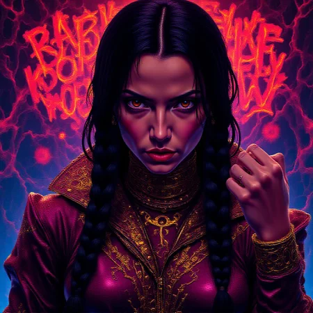 a propaganda poster features a vibrant portrait of a female anarchist, her long dark hair intricately braided, cascading over her shoulders. She wears futuristic attire that blends cyberpunk elements with a Byzantine aesthetic, including a high-collared, metallic jacket adorned with intricate gold patterns and glowing neon accents. Her expression is one of defiance and determination as she raises a clenched fist in a symbol of resistance. The background is a kaleidoscope of neon lights and digital graffiti, merging the old-world artistry with a dystopian future, creating a powerful, celebratory image of rebellion and hope. She looks directly towards the camera. surreal magic realism style