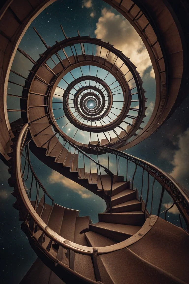 An endless spiral staircase ascending infinitely into the heavens, each step revealing new perspectives and dimensions. The dizzying climb challenges one's sense of reality and heightens the quest for self-discovery and enlightenment.