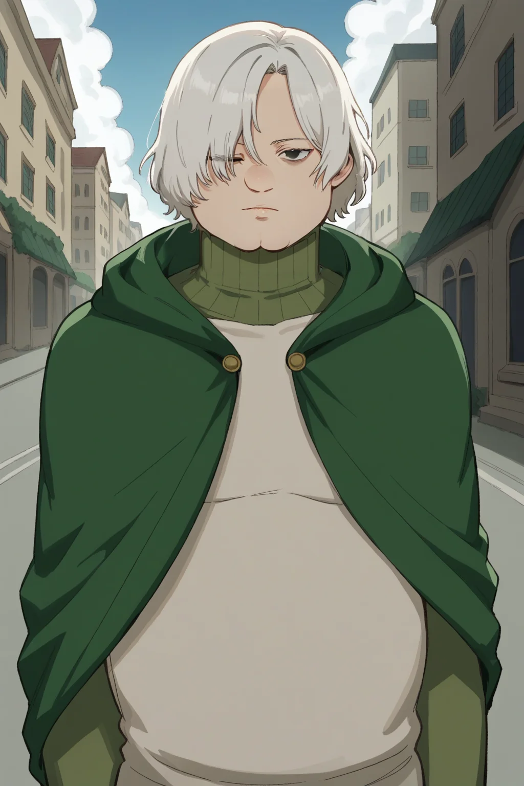 score_9, score_8_up, score_7_up, source_anime, prefect lighting, very aesthetic, intricate details, highly detailed background, masterpiece, high quality, prefect hands, best quality, solo,
<lora:Mithrun_Dungeon_Meshi_V1:.85>, KJOmithrun, white hair, ((one half-closed eyes)), short hair, black eyes, bags under eyes, pointy ears, hair over one eye,
green cape, white toga, turtleneck,
expressionless, looking at viewer, dutch angle, cowboy shot,
city, morning, street, outdoors, cloudy sky,
1boy,
<lora:PeterGriffin_iamkowai_PXL_Leaf1-10:1>, Peter Griffin, 1boy