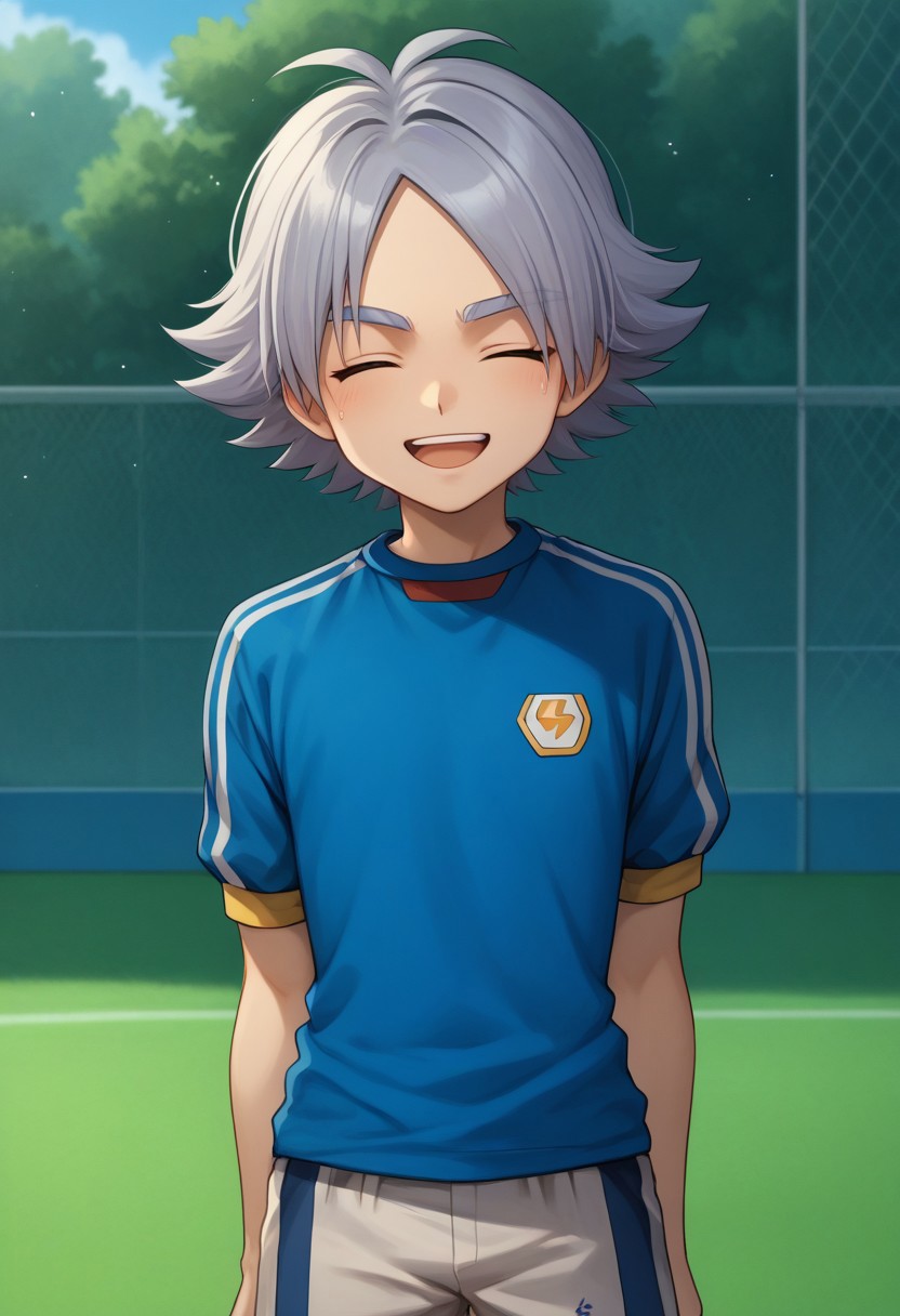 score_9, score_8_up, score_7_up, source_anime, highly detailed, 
fubuki, 1boy, male focus, solo, grey hair, closed eyes, open mouth, embarassed, sportwear, soccer uniform, inazuma japan soccer uniform, shirt, light blue shirt, short sleeves, shorts, grey shorts, upper body, smile, slender, skinny, cute
outdoor,