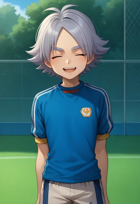 score_9, score_8_up, score_7_up, source_anime, highly detailed,
fubuki, 1boy, male focus, solo, grey hair, closed eyes, open mouth, embarassed, sportwear, soccer uniform, inazuma japan soccer uniform, shirt, light blue shirt, short sleeves, shorts, grey shorts, upper body, smile, slender, skinny, cute
outdoor,