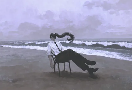 masterpiece, highres, absurdres, newest, very awa, painting (medium), wide shot, cinematic shot, 1boy, solo, beach, shirt, necktie, white shirt, long hair, black necktie, ponytail, crossed legs, ocean, grey sky, sleeves rolled up, collared shirt, pants, floating hair, black pants, waves, outdoors, sitting, <lora:spo_sdxl_10ep_4k-data_lora_webui>, <lora:NOOB_EPSv1_1_detailer_by_vlnvk_v1_0>, <lora:noobai_ep11_stabilizer_v0.30_fp16>, <lora:shiej007>