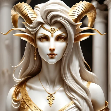 cstatuesdxl that features fair-skinned woman with long straight brown hair adorned with a white flower and ram's horns. She has large expressive brown eyes a small nose and full lips. She wears a brown off-shoulder dress with lace trim and lace choker. upper body from the side