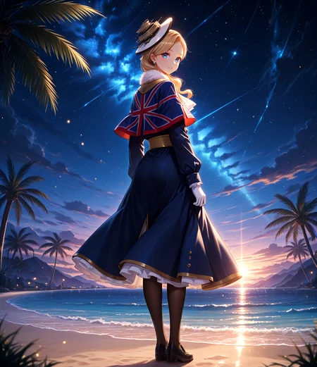 masterpiece, best quality, anime, BREAK 1girl, solo, looking at viewer, full body, palm tree,night,night sky,from behind, looking back,
beach,
<lora:Dramatic Lighting Slider:6> <lora:RealisticAnimeIXL:0.5> bokeh, luminescent background, <lora:Tyber_Hood_AL:1> hair over shoulder, long hair, blue eyes, blonde hair, swept bangs,h0ddef, union jack capelet, blue coat, white hat, tilted headwear, long sleeves, white gloves, yellow sash, blue skirt, frills, brown pantyhose, fur collar, white ascot, earrings,