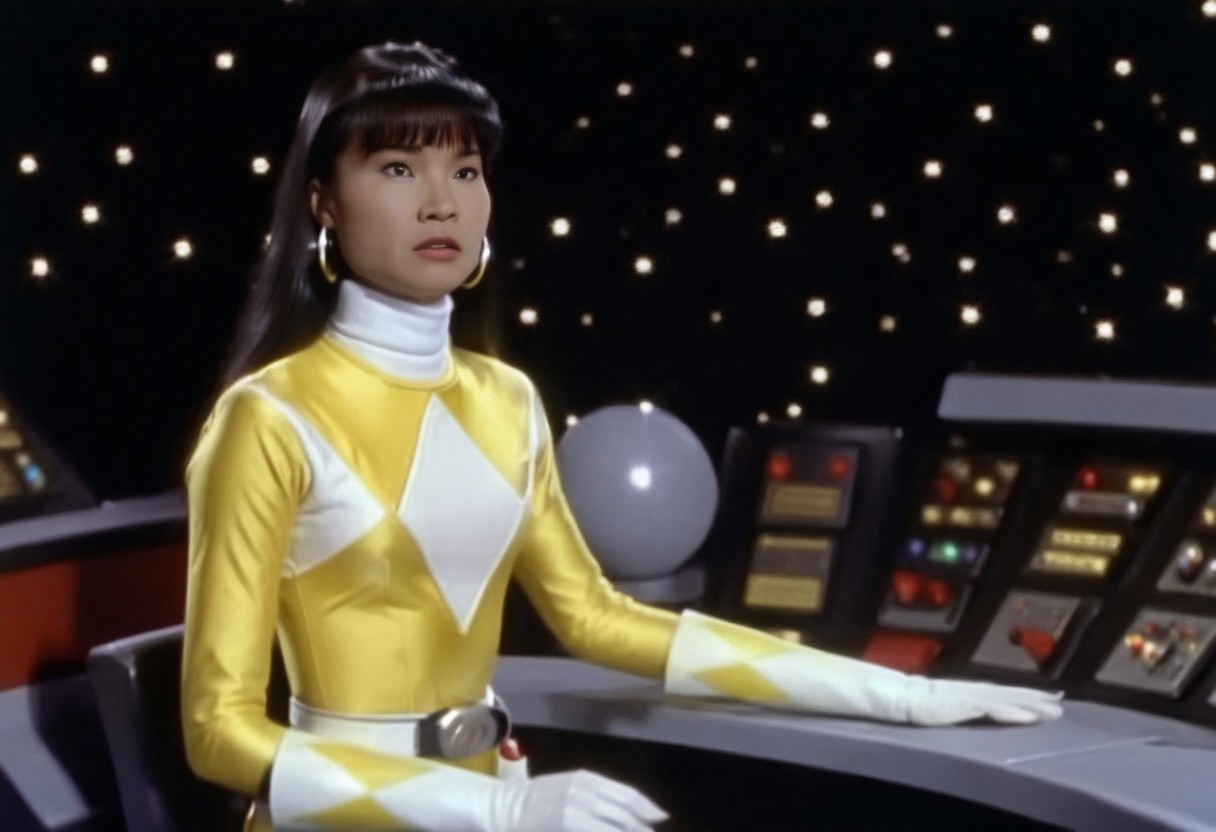 bridge of spaceship Star Trek Enterprise 1967, Trini wearing yellow power ranger catsuit, alone, long straight hair tucked behind shoulders, bangs, helmetless, uniform, white turtleneck collar, white gloves belt, holstered weapon, large chunky steel hoop earrings, worried facial expression, being transformed into a small porous cuboctahedron, sitting slightly-side-on, both arms very-outstretched, legs together, looking off-camera, in front of computer console on bridge of spaceship Star Trek Enterprise, Star Trek television series 1967, hyperdetailed photography