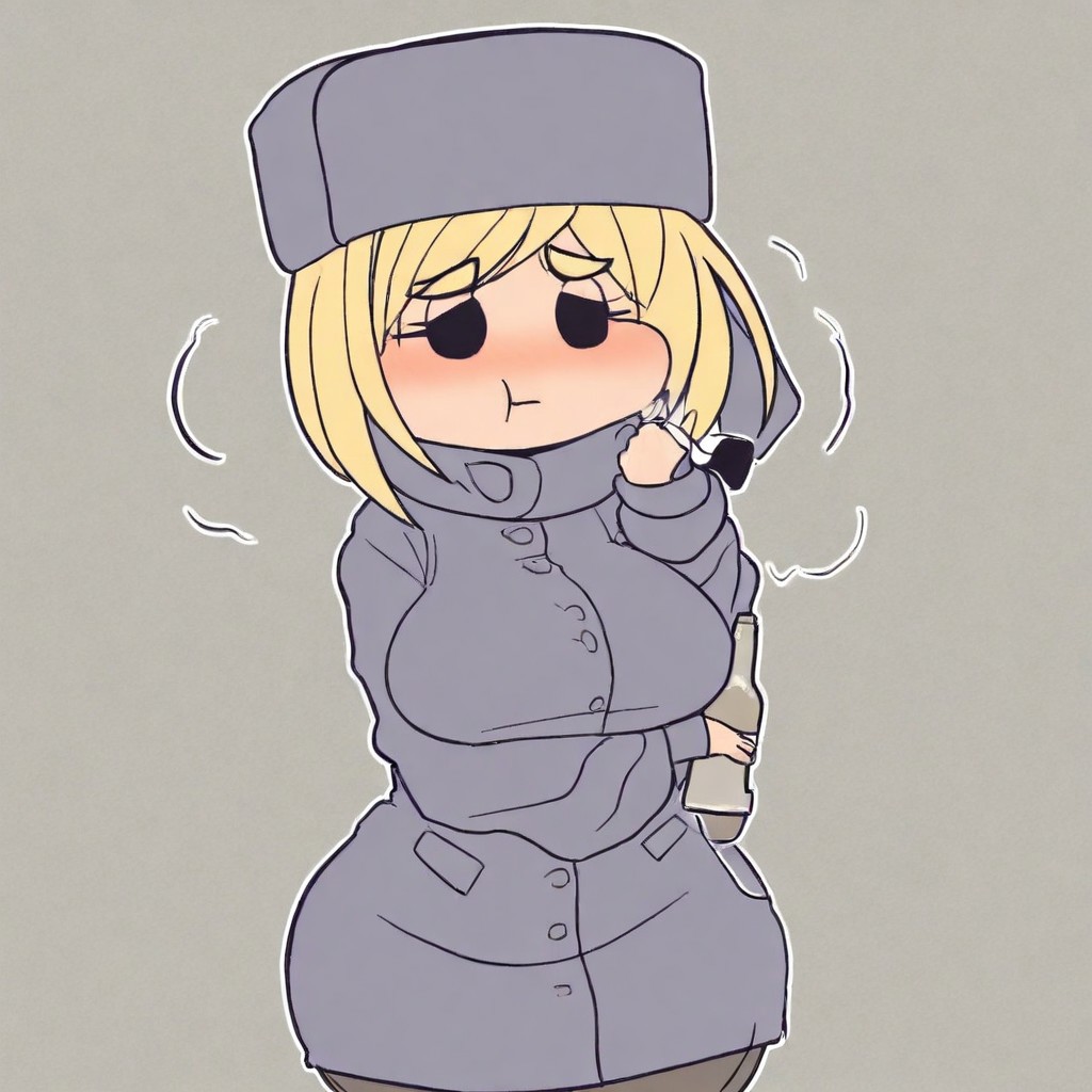 1girl,ushanka,blonde,solo,huge breasts,wide hips,thick thighs,winter coat,bottle in hand,blush,pout,puffed up cheeks,high quality,mad eyebrows
