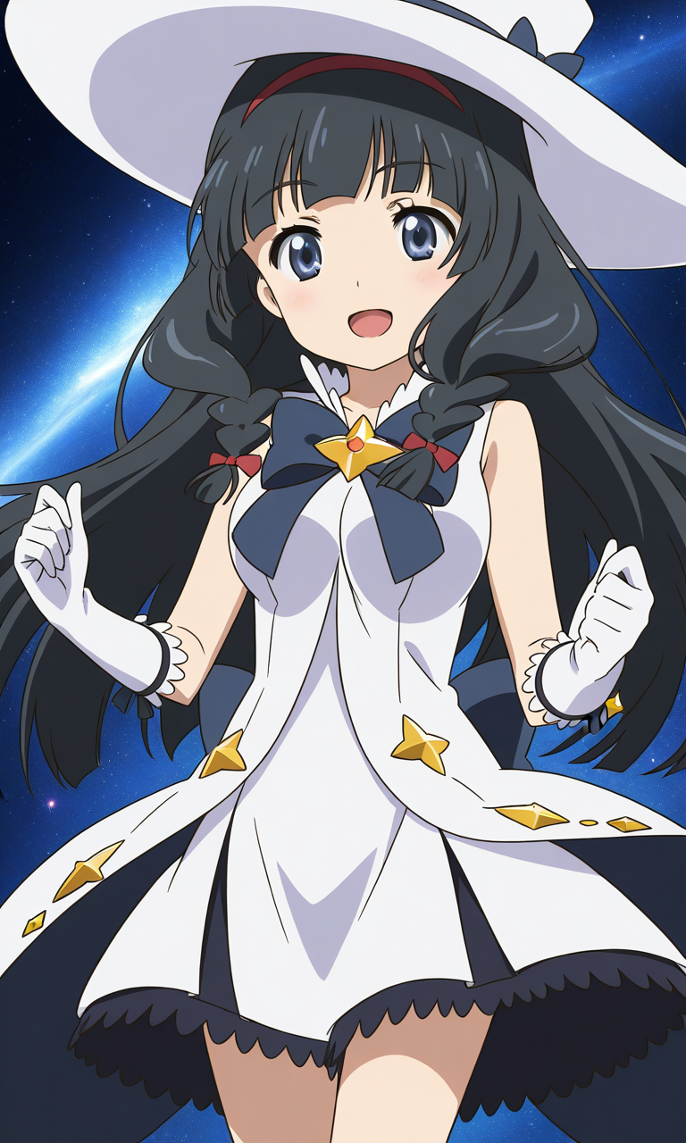 general,highres, ultra-detailed,very aesthetic,best quality ,best hands,  BREAK <lora:Itsuki_Houkago_no_Pleiades_IS:1> BREAK,
Itsuki(Pleiades), 1girl,solo, black hair, long hair, blue eyes, red hairband, twin braids, blunt bangs,breasts, anime coloring, BREAK,
hat, solo, gloves, open mouth,  space, magical girl, smile, bow, white headwear, white dress, star (symbol)