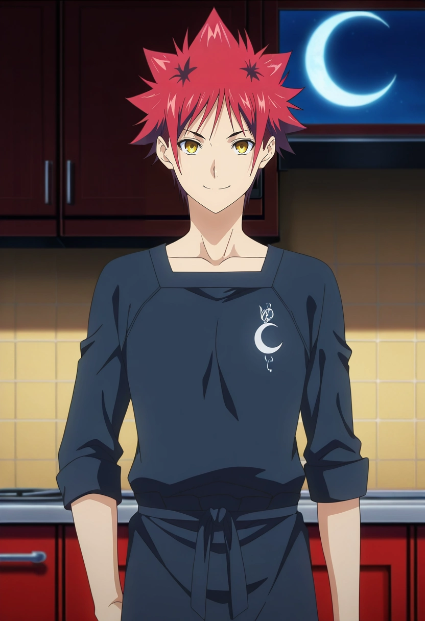 masterpiece, best quality, , anime screencap, anime coloring, official style, looking at viewer, 1boy, solo, male focus, <lora:souma_yukihira_ilxl:1>, souma_yukihira, red hair, yellow eyes, spiked hair, , straight-on, kitchen, cooking, night, crescent moon, arm at side, smile,