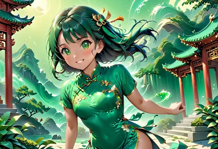 score_9, score_8_up, score_7_up, score_6_up, 1girl, petite body, 19yo beatifull, chinese girl, wearing green Cheongsam , fighting stance, cute , shy, smile, background: chinese temple made out of jade, detailed background, refreshing, dynamic lighting, dramatic and magical,