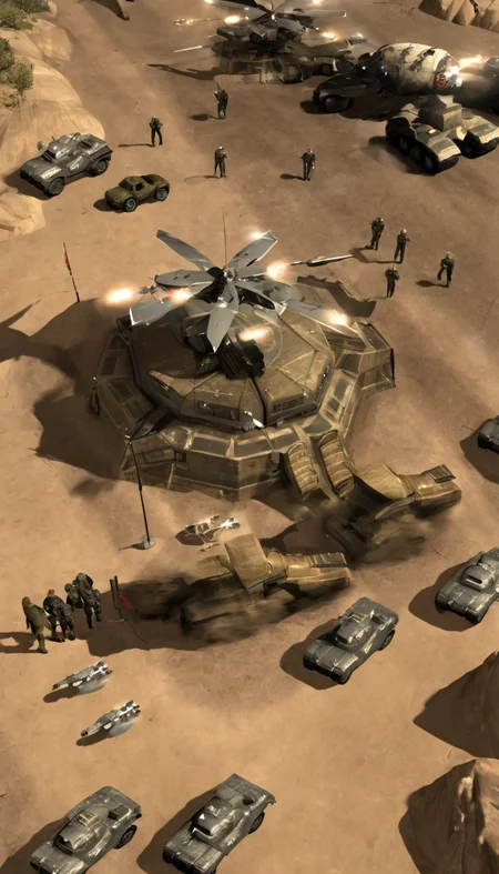 Cinematic scene, Command & Conquer, Allied Nations, army, detailed background, masterpiece, best quality, high quality, absurdres <lora:command_and_conquer_xl_v2:1>