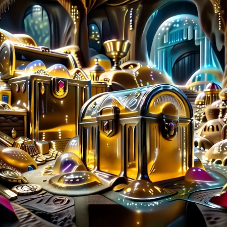 chalice made out of slime, fancy cup made out of slime, fancy chalice made out of slime, Detailed chalice made out of gold slime, Gem-studded slime chalice, multi-colored gems made out of slime, in a room of treasure made out of slime,  gold coins and bars made out of slime, wood-like treasure chest made out of slime, wood-colored slime chest, 
treasure-room, treasure, treasure chest, gemstone, coins, gold bars, gold pile, 
everything made of slime, No simple background,
((translucent slime)), ((transparent slime)), (bioluminescent slime), sl1m3, slime, great lighting, even lighting, no bright spots,