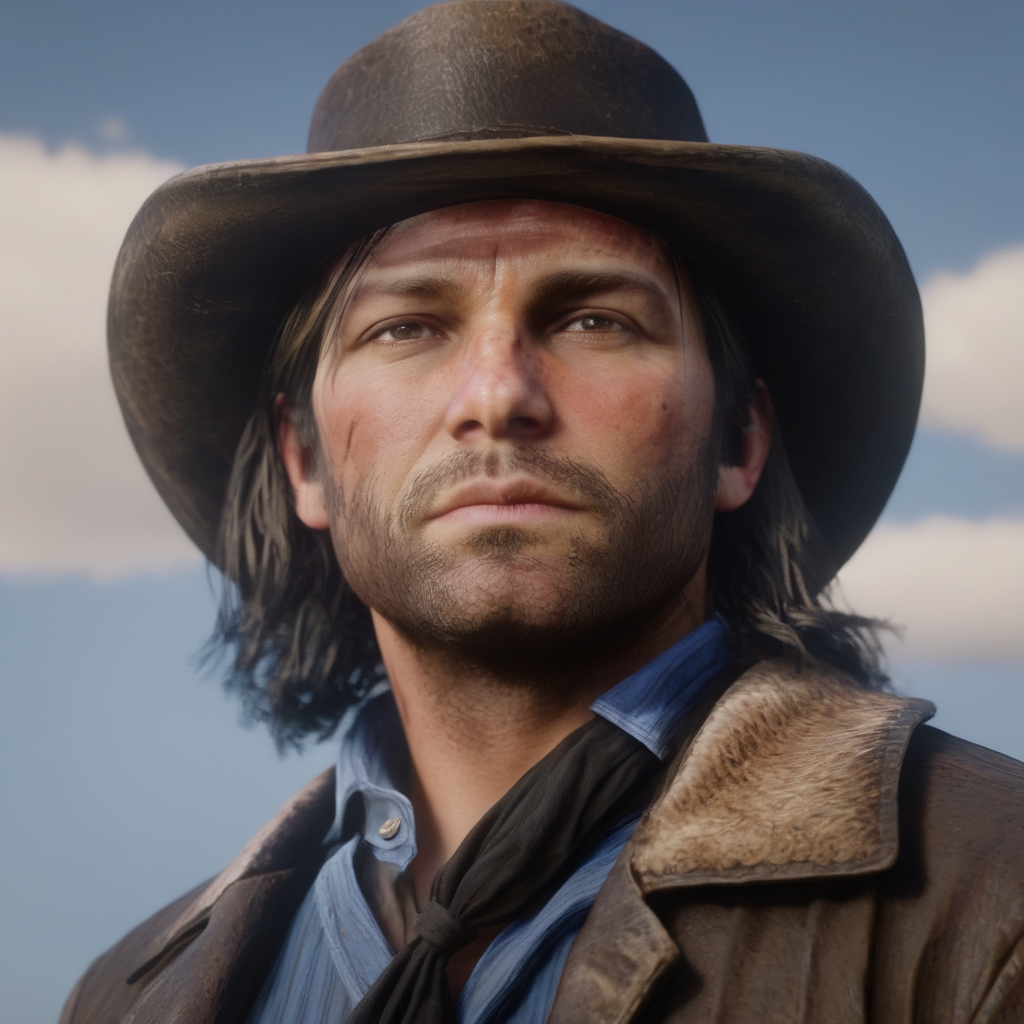 Hyperrealistic art of  <lora:Red Dead Redemption style:1>
John Marston a man with scars and long hair wearing a hat,solo,looking at viewer,brown hair,1boy,hat,closed mouth,male focus,blurry,facial hair,portrait,beard,realistic,stubble,manly,cowboy hat , epic, Western, adventures, outlaw, Red Dead, Western United States, wild west, cowboy, cowgirl, Open world, 1900's, realistic, cinematic, film look, dramatic light, partially covered in shadows, gang, Western-themed action-adventure, Red Dead Redemption style, Extremely high-resolution details, photographic, realism pushed to extreme, fine texture, incredibly lifelike