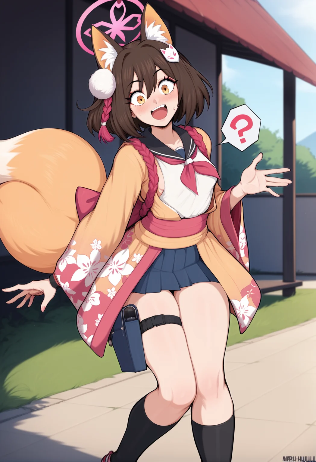 by afrobull, masterpiece, best quality, score_9, score_8_up, score_7_up,
1girl, izuna \(blue archive\), fox girl, black sailor collar, shirt, skirt, japanese clothes, thigh holster, surprised, ?, spoken question mark,
outdoors,
<lora:4th_tail_v0.4.0_lyco_extract_s:1>