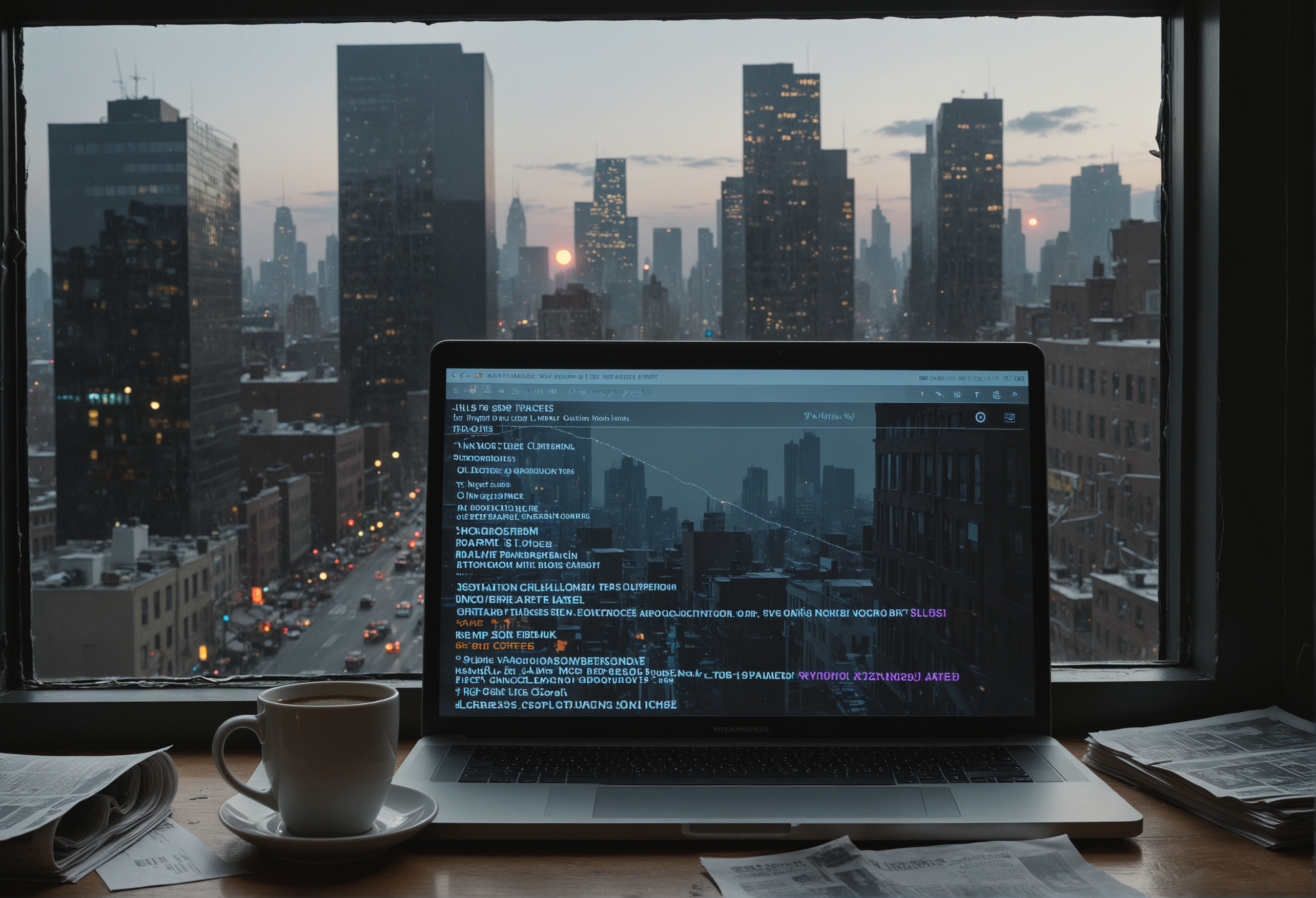 Cryptocurrency News headline ticker tape, stacks of paper, laptop with a partially open Institutional report [text unclear], 1coffee cup [empty:0.8], cityscape through the window. Dramatic chiaroscuro lighting, [color palette: muted] by Gregory Crewdson., (masterpiece, award winning artwork) many details, extreme detailed, full of details, Wide range of colors, high Dynamic <lora:add-detail-xl:1> <lora:WildcardX-XL-Detail-Enhancer:0.9> <lora:SDXLFaeTastic2400:0.085> <lora:MJ52:0.185> <lora:sinfully_stylish_SDKL:0.11> <lora:casting shadow style v2:0.1> <lora:CinematicStyle_v1:0.42> casting shadow style, cucoloris patterned illumination