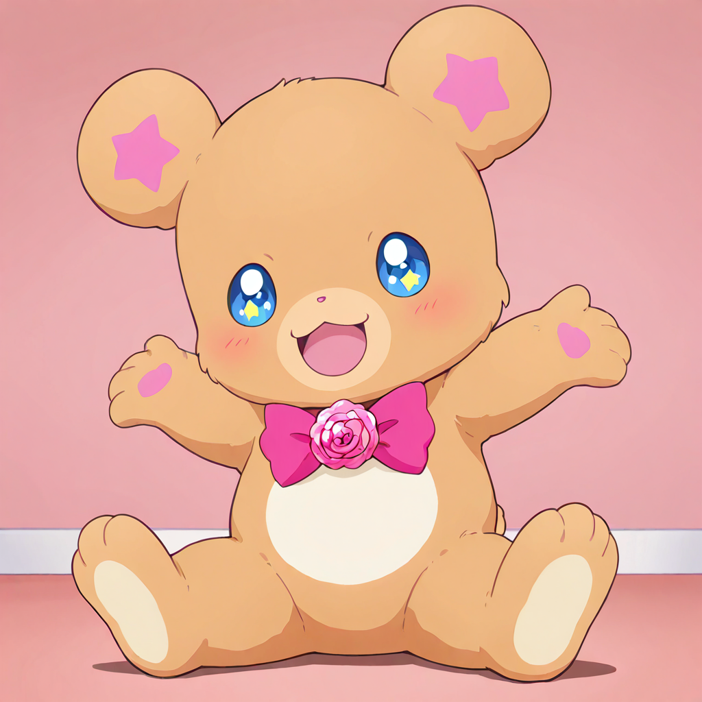 masterpiece, best quality, absurdres, very aesthetic, 
mofurun \(mahou girls precure!\), no humans, blue eyes, solo, open mouth, star in eye, :3, blush, smile, symbol in eye, sitting, full body, looking at viewer, pink neckwear, pink bow, bowtie, outstretched arms, :d, symbol-shaped pupils, simple background, teddy bear, 1other, shadow, ribbon, brooch, pink background, star-shaped pupils, + +, sparkling eyes, arms up, happy, spread arms, pink flower, standing, indoors, pink rose, animal focus, bear costume, mascot
<lora:mahoutsukai_precure_all_in_one_illustXL_locon_v1:0.7>