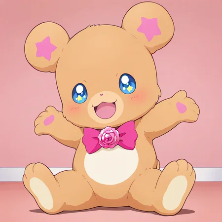 masterpiece, best quality, absurdres, very aesthetic,
mofurun \(mahou girls precure!\), no humans, blue eyes, solo, open mouth, star in eye, :3, blush, smile, symbol in eye, sitting, full body, looking at viewer, pink neckwear, pink bow, bowtie, outstretched arms, :d, symbol-shaped pupils, simple background, teddy bear, 1other, shadow, ribbon, brooch, pink background, star-shaped pupils, + +, sparkling eyes, arms up, happy, spread arms, pink flower, standing, indoors, pink rose, animal focus, bear costume, mascot
<lora:mahoutsukai_precure_all_in_one_illustXL_locon_v1:0.7>