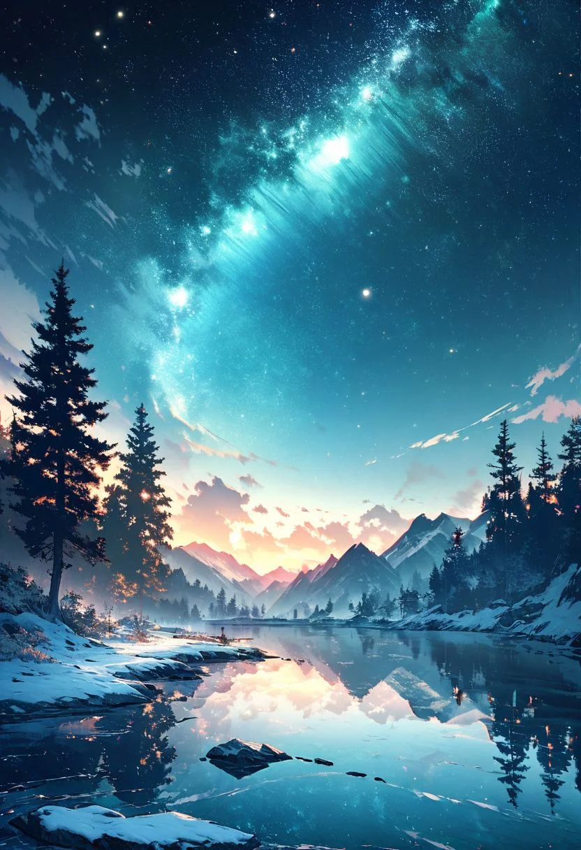 Create a breathtaking landscape that evokes awe and wonder. Picture a serene, pristine lake nestled among towering snow-capped mountains at night. The mountains should reflect perfectly in the crystal-clear water, with their peaks bathed in the cold light of the moon. Surround the lake with a lush forest of trees. Add a meandering path along the lake’s edge, inviting viewers to imagine a peaceful walk. Include a clear, starry sky emerging along with the moon, with a hint of the Milky Way visible. Enhance the scene with soft, glowing light to create a magical, almost otherworldly atmosphere.