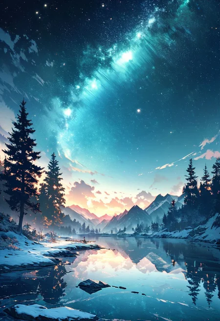 Create a breathtaking landscape that evokes awe and wonder. Picture a serene, pristine lake nestled among towering snow-capped mountains at night. The mountains should reflect perfectly in the crystal-clear water, with their peaks bathed in the cold light of the moon. Surround the lake with a lush forest of trees. Add a meandering path along the lake’s edge, inviting viewers to imagine a peaceful walk. Include a clear, starry sky emerging along with the moon, with a hint of the Milky Way visible. Enhance the scene with soft, glowing light to create a magical, almost otherworldly atmosphere.