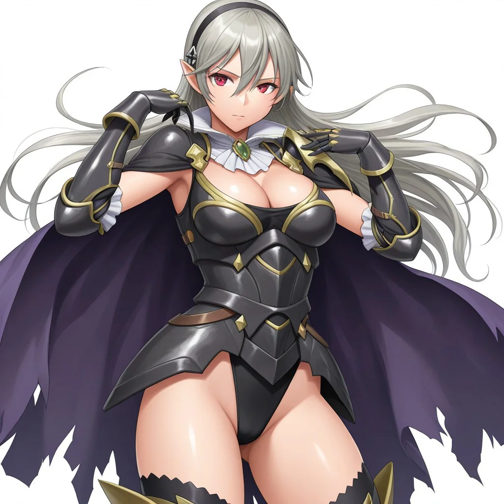 high resolution, score_9, score_8_up, score_7_up, score_6_up, score_5_up, score_4_up,crimsonj-girl.fightil, masterpiece, best quality, amazing quality, very aesthetic, 
uncensored,
1girl, solo, CorrinNohr, Long Hair, Grey Hair, Hair Between eyes, Black hairband, Red Eyes, Pointy Ears, Leotard, Black leotard, Armor, Torn Cape, Gauntlets, Thighhighs, Large Breasts,
white background, Simple background