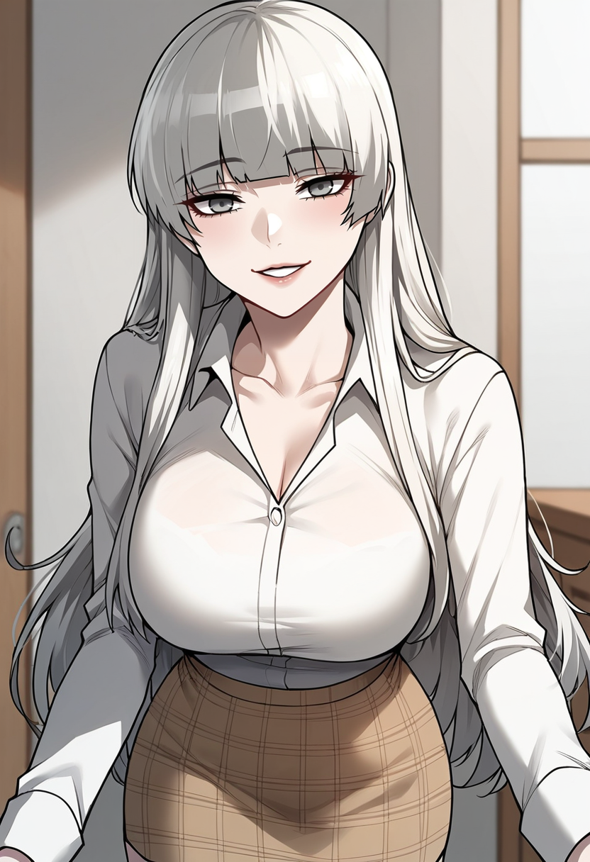 masterpiece, best quality, source_anime, uncensored, score_9, score_8_up, score_7_up, score_6_up, score_5_up, score_4_up, 1girl, solo, jinseohyeon, long hair, white hair, blunt bangs, grey eyes, collarbone, large breasts, white shirt, collared shirt, brown skirt, plaid skirt, pencil skirt, cowboy shot, looking at viewer, closeup, dynamic angle, standing, parted lips, seductive smile, <lora:IRLQuestJinseoHyeon:0.85> <lora:add-detail-xl:0.6> <lora:cfg_scale_boost:0.5> <lora:Expressive_H:0.6>