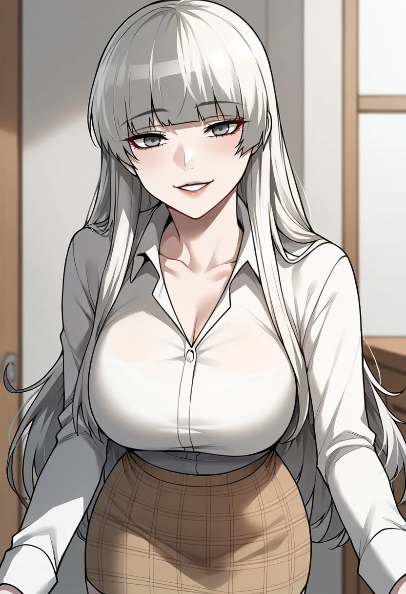 masterpiece, best quality, source_anime, uncensored, score_9, score_8_up, score_7_up, score_6_up, score_5_up, score_4_up, 1girl, solo, jinseohyeon, long hair, white hair, blunt bangs, grey eyes, collarbone, large breasts, white shirt, collared shirt, brown skirt, plaid skirt, pencil skirt, cowboy shot, looking at viewer, closeup, dynamic angle, standing, parted lips, seductive smile, <lora:IRLQuestJinseoHyeon:0.85> <lora:add-detail-xl:0.6> <lora:cfg_scale_boost:0.5> <lora:Expressive_H:0.6>