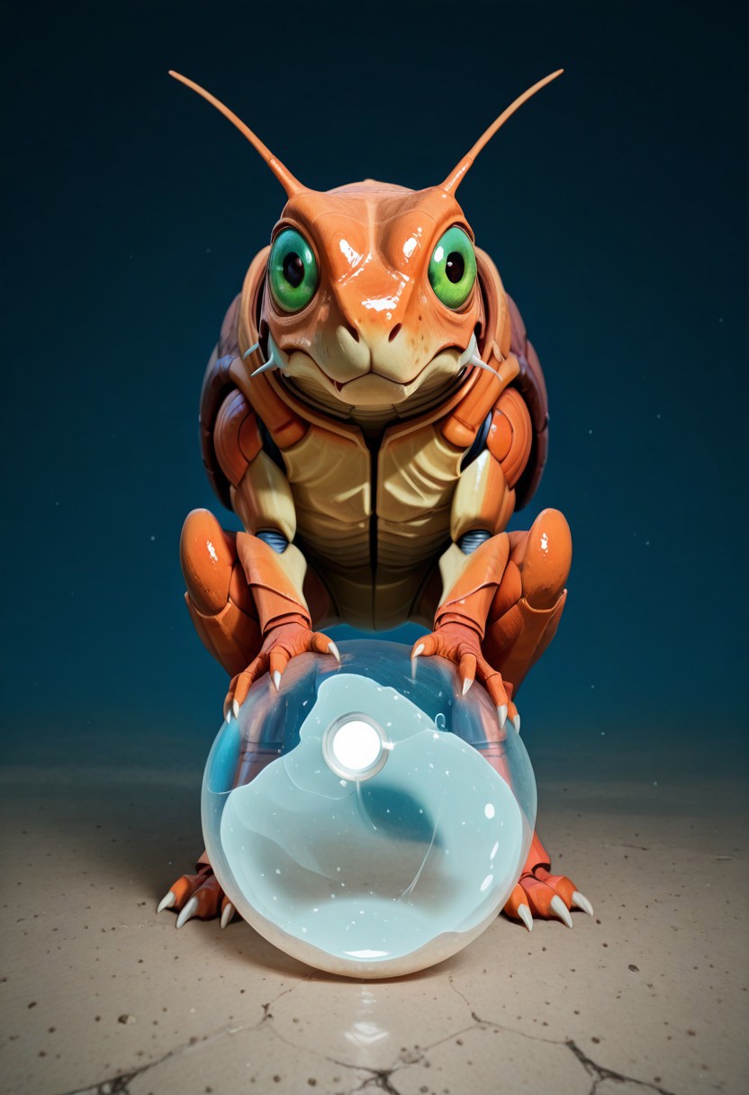 A creature crawls slowly over the ball torwards the ground, then torwards the camera, with clear movements. The camera stands still.