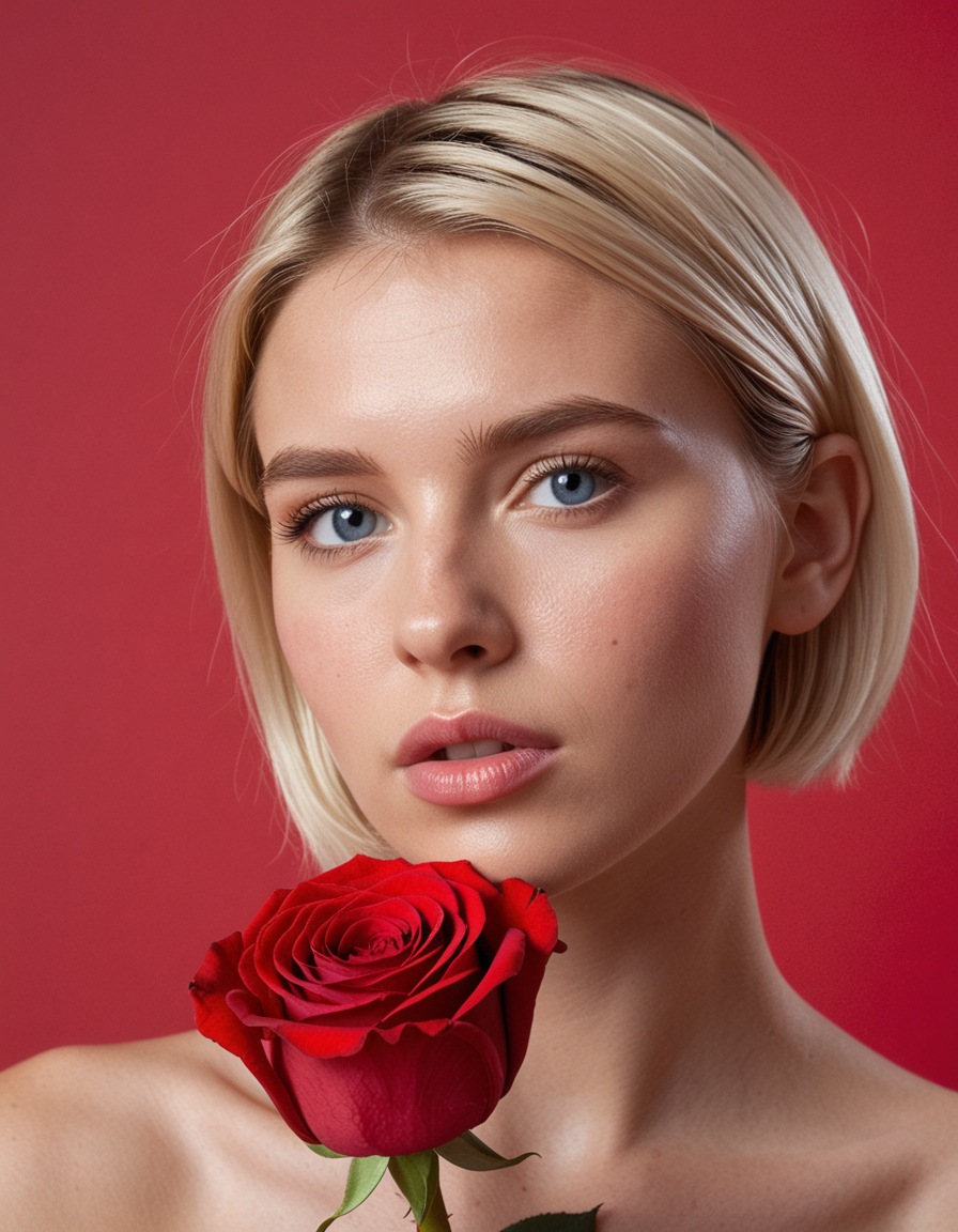 score_9, score_8_up, score_7_up, realistic, masterpiece, best quality, highres, real life,1girl, flower, solo, portrait, rose, glowing, parted lips, looking at viewer, simple background, red background, pink theme, blue eyes, short hair,