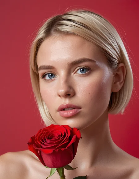 score_9, score_8_up, score_7_up, realistic, masterpiece, best quality, highres, real life,1girl, flower, solo, portrait, rose, glowing, parted lips, looking at viewer, simple background, red background, pink theme, blue eyes, short hair,