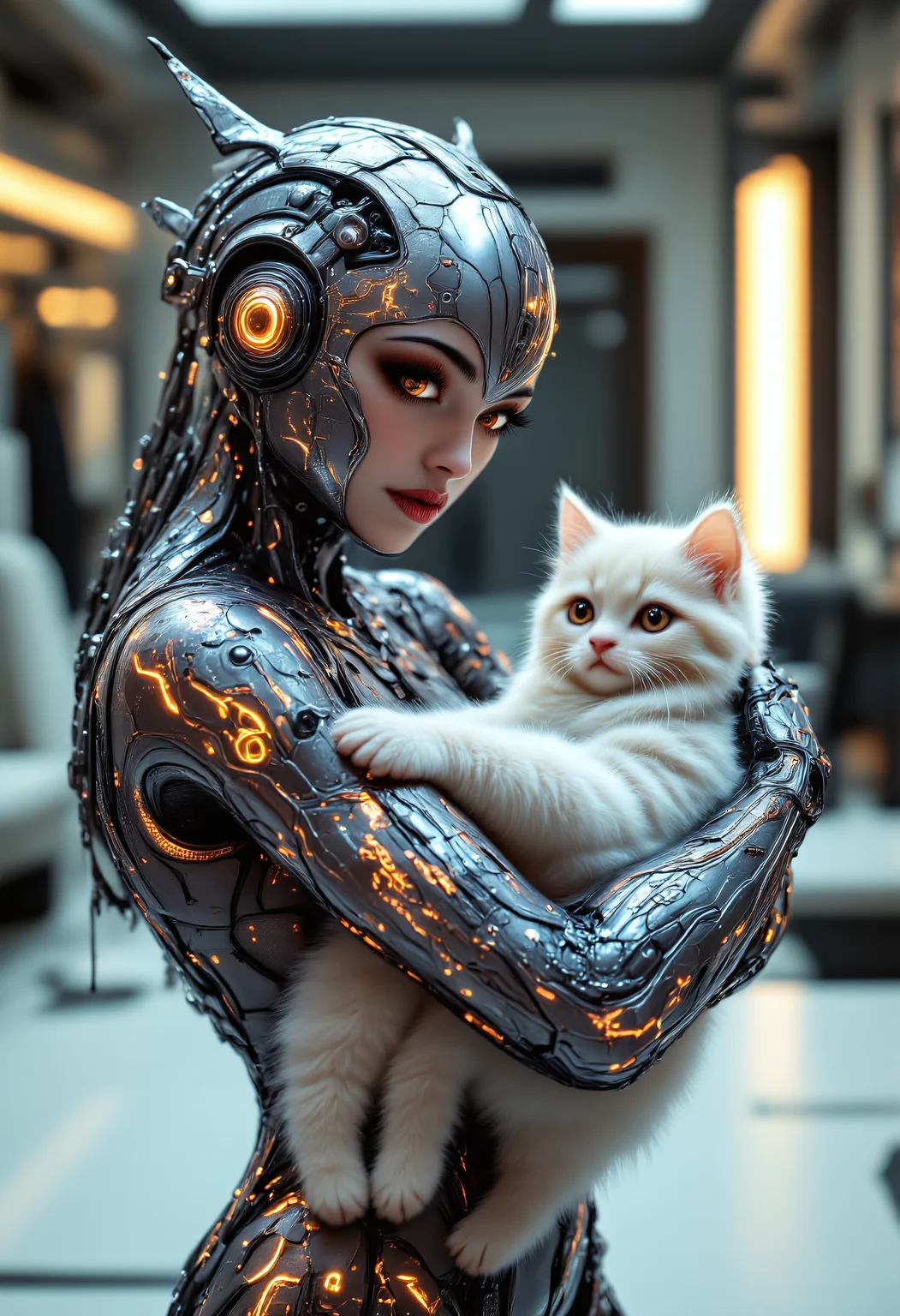 safe_pos, safe_pos, safe_pos, score_9, score_8_up, score_7_up, easynegative, Expressiveh, detailed eyes,Stable_Yogis_PDXL_Positives, ng_deepnegative_v1_75t, raw, realistic,
The image depicts a futuristic, sci-fi scene featuring a humanoid figure with an intricate, mechanical appearance. The figure is wearing a form-fitting, ornate suit that appears to be made of a combination of metal and organic materials. The suit is adorned with glowing orange lights and intricate designs, giving it a high-tech, otherworldly look. The figure has a slender, elongated body shape with a head that is slightly larger than the torso, and the face is partially obscured by the helmet-like headgear. The headgear includes sharp, angular elements that extend outward, adding to the overall futuristic aesthetic. The figure's eyes are glowing orange, matching the lights on the suit. The figure is holding a small, white, fluffy animal that resembles a puppy|cat. The animal has large, expressive eyes that are also glowing orange, similar to the figure's eyes. The cat appears to be comfortably nestled in the figure's arms, suggesting a sense of companionship or affection between them. The background of the image is a blurred, futuristic setting with soft, ambient lighting, giving the scene a warm and inviting atmosphere. The overall composition of the image is visually striking, blending elements of science fiction and fantasy.