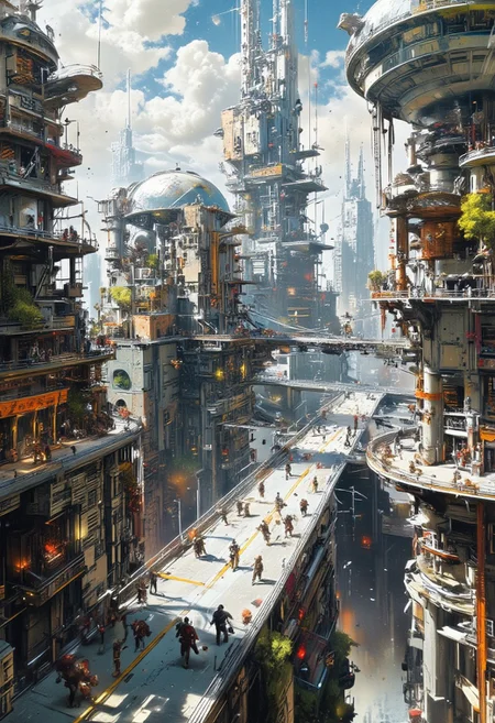 nttw style, mythp0rt, sci-fi futuristic pedestrian walkway in an urban metropolis, towers, domes, skyscrapers
