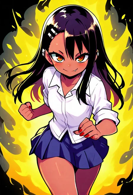 masterpiece, best quality, 1girl, solo, (curvy), eyelashes, (beautiful detailed eyes),
,,,
aura, energy, furious,
,,,
nagatoro hayase, long hair, bangs, black hair, hair ornament, brown eyes, hairclip, fang, dark skin, tan, skirt, shirt, school uniform, white shirt, pleated skirt, nail polish, blue skirt, red nails, earclip,
punch, incoming attack, dynamic pose,
, (foreshortening),
,,,
BREAK,
cowboy shot, looking at viewer,