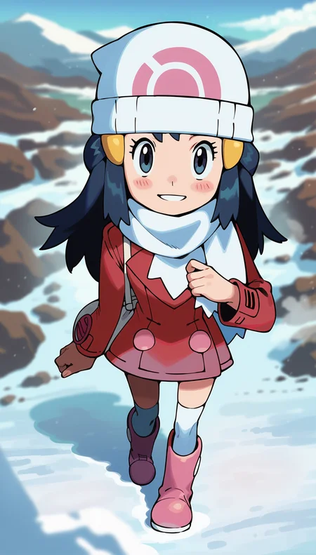 score_9,score_8_up,score_7_up,
highres,highly detailed,
<lora:hikaridawn:0.8>,
hikaridawn,
1girl,solo,
navy blue hair,long hair,
looking at viewer,smile,parted lips,(steam:1.1),blush, 
white beanie,pink hair clips,red overcoat,white scarf,white shoulder bag,
white kneehighs,light pink boots,
full body,walking,(from above:1.1),looking up,hand on chest,face focus,perspective,
blurry background,vignetting,outdoors,snowfield,snow,winter,footprints,light particles,snowing,snow mountain,fog,