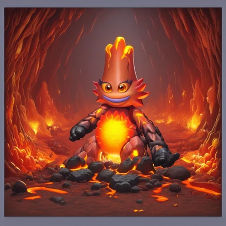 Amber on the background,Latex,KaynaMSM, fire-themed, glowing molten belly, rocky cracked outer skin, light yellow sclera, colored sclera, dark orange eyes, light purple eyelashes, light purple lips, big lips, orange tongue, colored tongue, no humans, pokemon (creature), smiling,beautiful,high-quality,solo,1female,lava,cave,