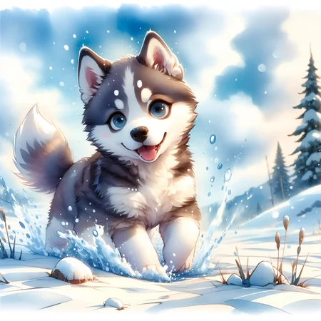 SoftWaterColors,a husky puppy playing in the snow, <lora:SoftWatercolors:1>