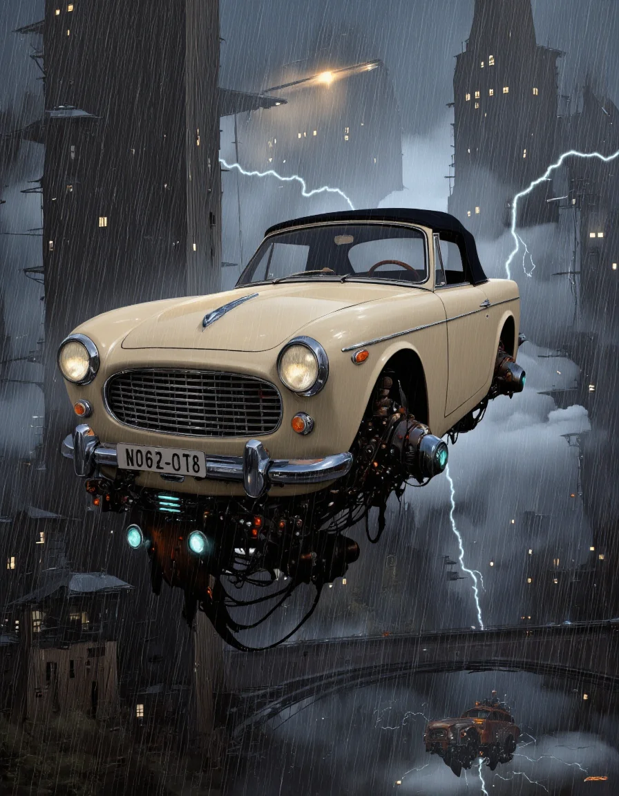 Art by Alejandro Burdisio. A digital illustration shoot from a low angle about a futuristic car suspended in the air amidst a stormy cityscape. the image also shows dramatic lightning effects in the background. on the middle of the image, a beige, vintage car with a black top is suspended in mid-air, with its headlights on. the car has a sleek, streamlined design with a low-slung body and large, angular headlights. it is equipped with mechanical components and glowing blue lights, giving it a futuristic and sci-fi feel. the cityscape below is dark and stormy, with tall buildings and skyscrapers lit up at night. in the distance, a small, armored vehicle can be seen flying in the sky, adding to the sense of movement and adventure. the overall atmosphere is dramatic and dramatic, with heavy rain and lightning illuminating the scene.