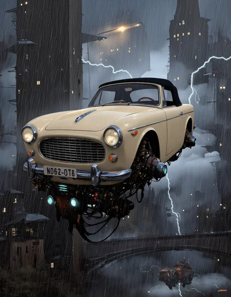 Art by Alejandro Burdisio. A digital illustration shoot from a low angle about a futuristic car suspended in the air amidst a stormy cityscape. the image also shows dramatic lightning effects in the background. on the middle of the image, a beige, vintage car with a black top is suspended in mid-air, with its headlights on. the car has a sleek, streamlined design with a low-slung body and large, angular headlights. it is equipped with mechanical components and glowing blue lights, giving it a futuristic and sci-fi feel. the cityscape below is dark and stormy, with tall buildings and skyscrapers lit up at night. in the distance, a small, armored vehicle can be seen flying in the sky, adding to the sense of movement and adventure. the overall atmosphere is dramatic and dramatic, with heavy rain and lightning illuminating the scene.
