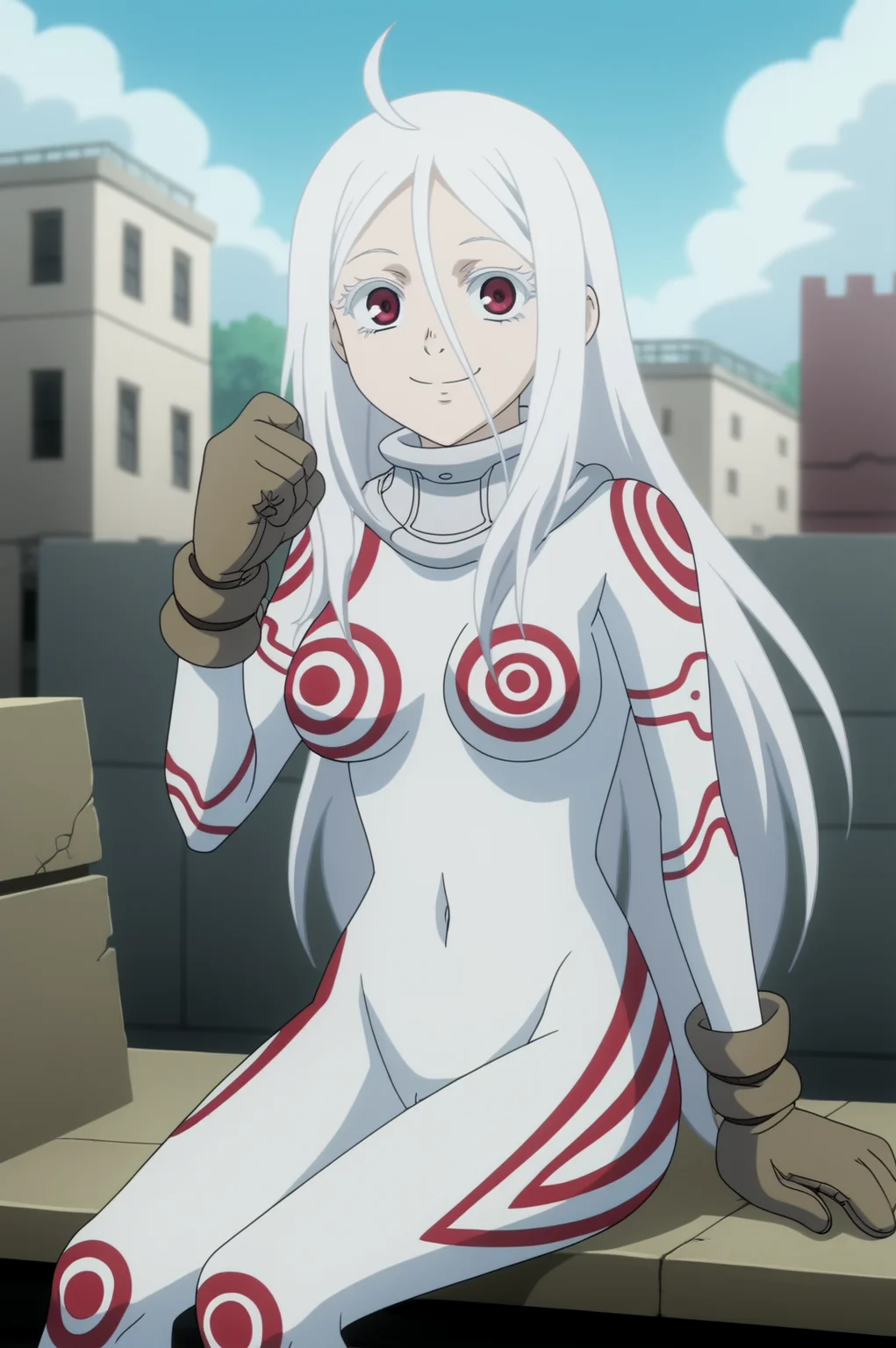 shiro,anime screencap,1girl,solo,mature,long hair,parody,looking at viewer,albino,breasts,gloves,bodysuit,white bodysui,pale skin,medium breasts,ahoge,smiling,ruins,siting on bench <lora:Shiro - PDXL2.safetensors:0.8>