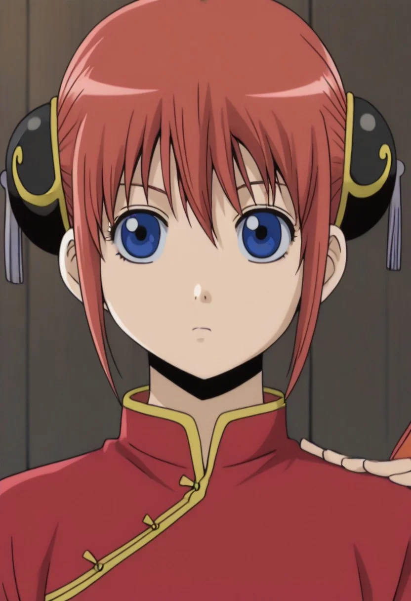 <lora:Kagura:0.8>blue eyes, red hair, Kagura red cheongsam with yellow piping outfit, Chinese clothes, double bun, bun cover, China dress,