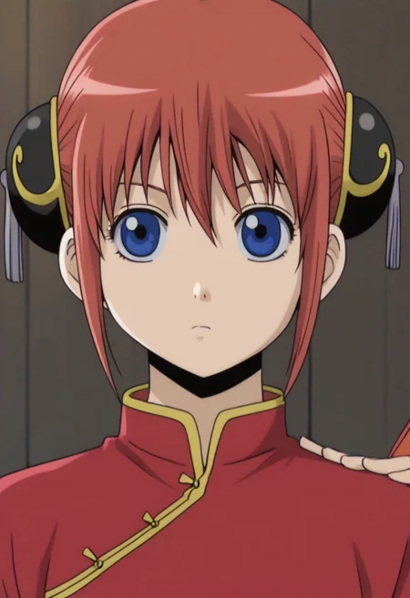 <lora:Kagura:0.8>blue eyes, red hair, Kagura red cheongsam with yellow piping outfit, Chinese clothes, double bun, bun cover, China dress,