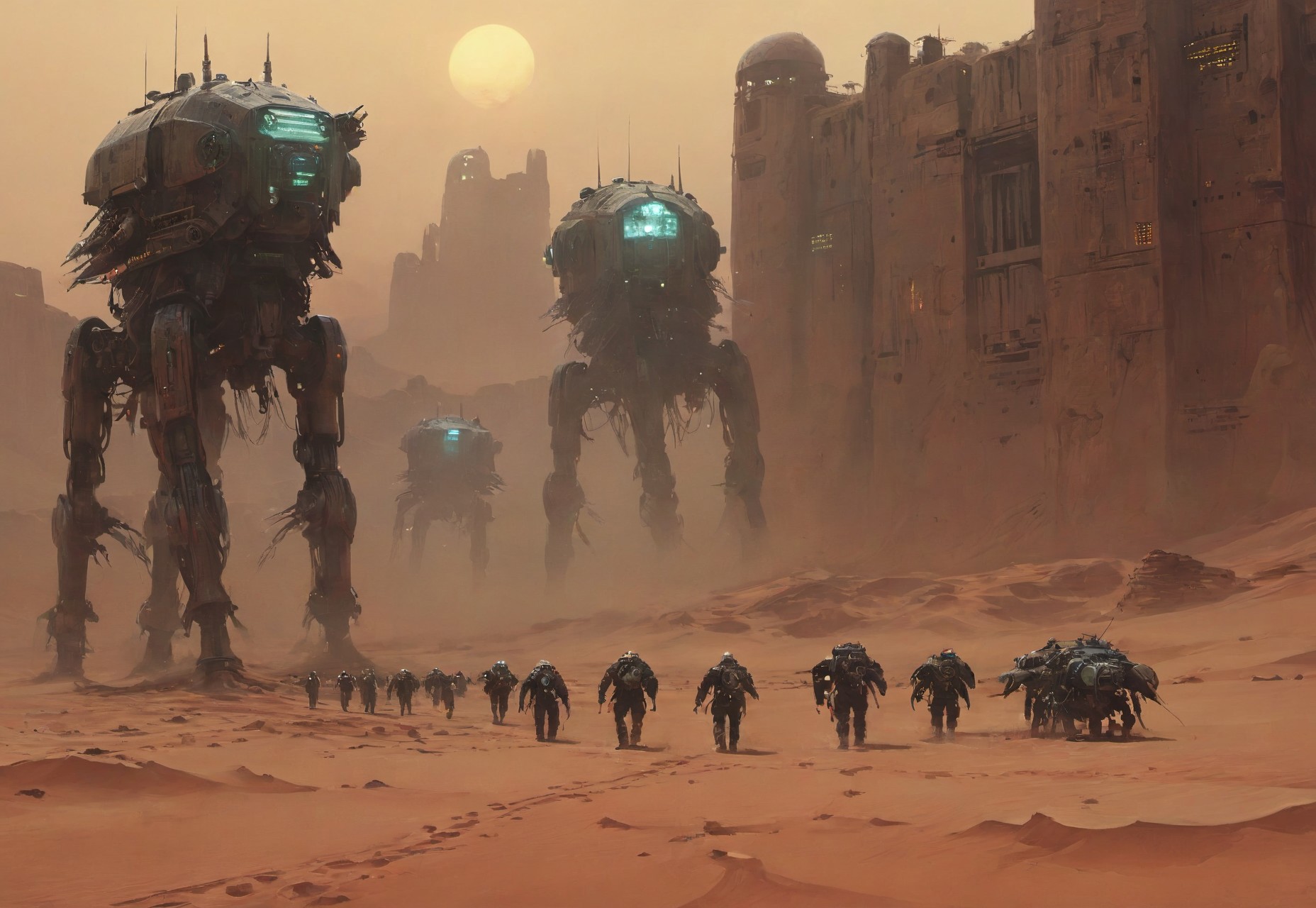  (((army of mechanical robots marching across a desert planet))),(((armada))) ,battlemech,military, armored, weapons, laser, cannon, Panzerblitzechse, robust construct,unbreakable, unstoppable, invincible, heavy armor,joints,oil,cables,massive multiple legs,engines,insect-like design, atmosphere of horror and terror,science fiction, machinery,rise of machines,detailed reflections,glow,energy sparks,dense fog,
best quality,masterpiece,absurdes,disturbing,action,chthonic,mood contrast between subject and background,outstanding,proffesional, masterwork,dynamic composition,in dynamic,(deep colors),fluorescent colors,colorful,color contrast,primary colors,no gradients,chiaroscuro,  concept art, High angle From avove, camera from above, Bird's-eye view, aerial shot view,atompunk,dieselpunk,teslapunk, post-apocalypse,dystopia, futuristic,high-tech,cybernetic,(((no humans)))
outstanding, proffesional, masterwork,epic scale,deep image visualisation,Neill Blomkamp,Denis Villeneuve,Herbert George Wells 